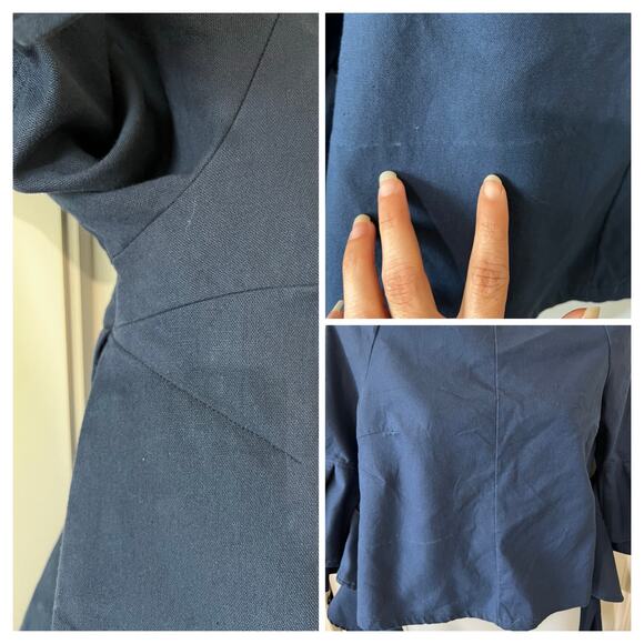 CQ BY CQ Linen Blouse Top Off The Shoulder Ruffle Embellishment 3/4 Sleeve Navy - Picture 7 of 14